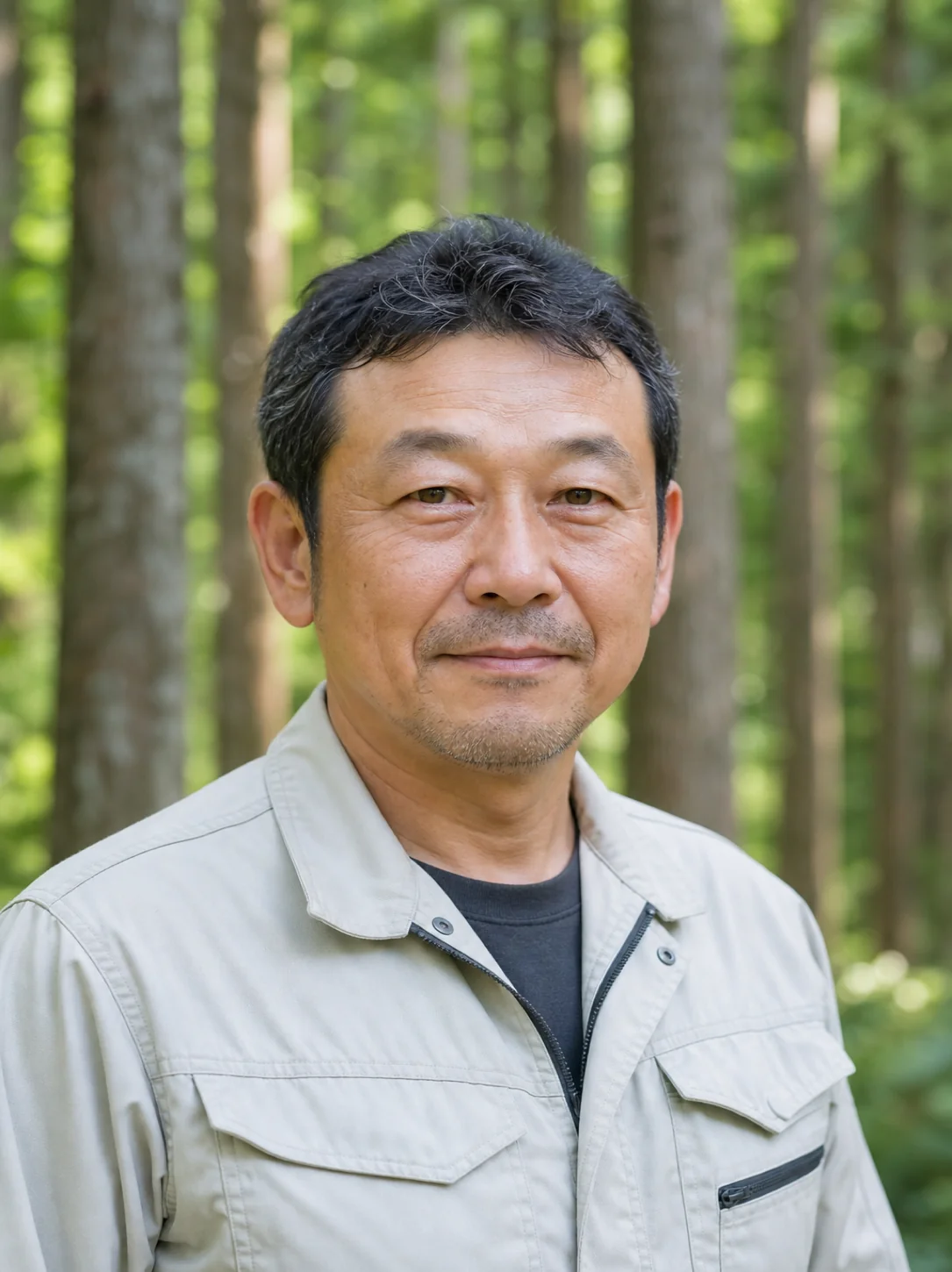 林内に立つ代表者のポートレート