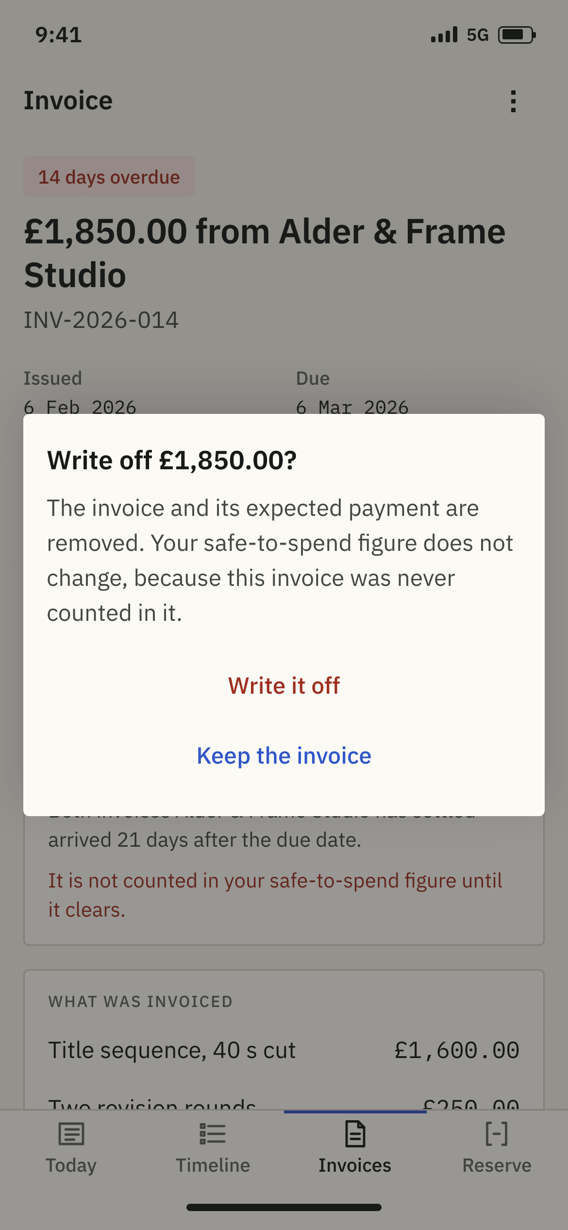 Rill's write-off dialog centred over the dimmed invoice screen, with Write it off in red and Keep the invoice in blue beneath it.