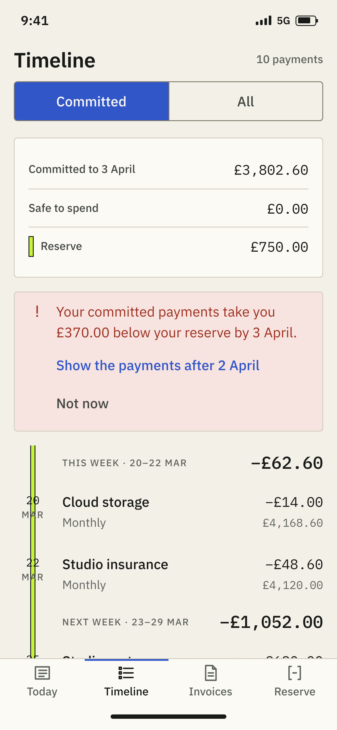 Rill's Timeline in the negative world: a summary reading committed £3,802.60, safe to spend £0.00, reserve £750.00, then a red advisory band reading Your committed payments take you £370.00 below your reserve by 3 April, with Show the payments after 2 April and Not now.