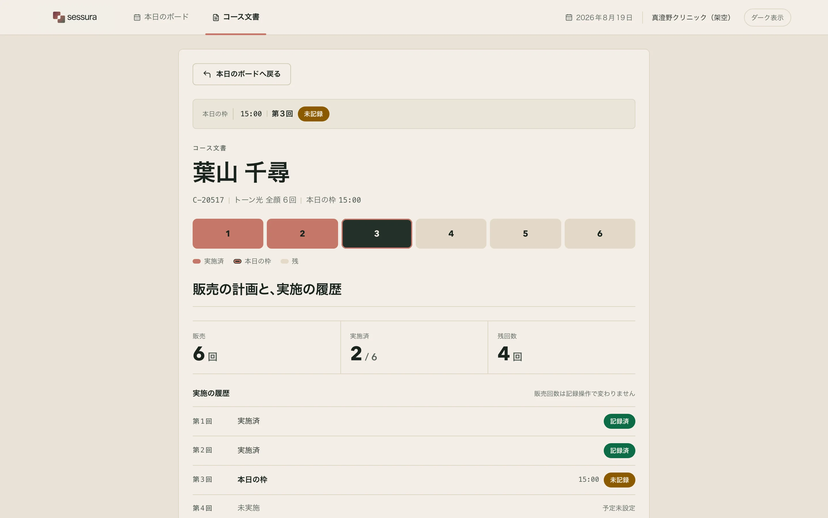 The Sessura course document. A banner states 本日の枠 15:00 未記録. Below it the patient identity block: 葉山 千尋, then C-20517 · トーン光 全顔 6回 · 本日の枠 15:00, then a row of six numbered pills where the first two are clay-filled, the third is the dark selected tone and the last three are a pale track tone, with a legend reading 実施済 / 本日の枠 / 残. A heading 販売の計画と、実施の履歴 introduces three figures — 販売 6 回, 実施済 2 / 6, 残回数 4 — and beneath them a delivery history listing each past session with a 記録済 chip. A primary button reads 本日の回を記録する, and a back control reads 本日のボードへ戻る.